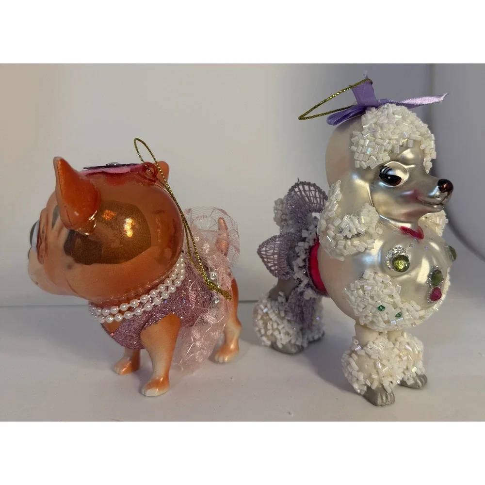 Glass Dog Christmas Ornaments Set Chihuahua Poodle Beaded Sequin Kitsch Decor